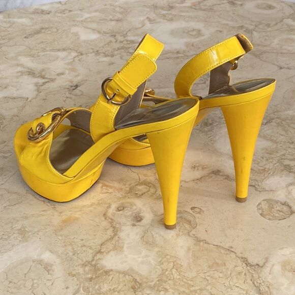 Stuart Weitzman Miss Jane Yellow Patent Leather Platform High Heel Sandals - Picture 6 of 14